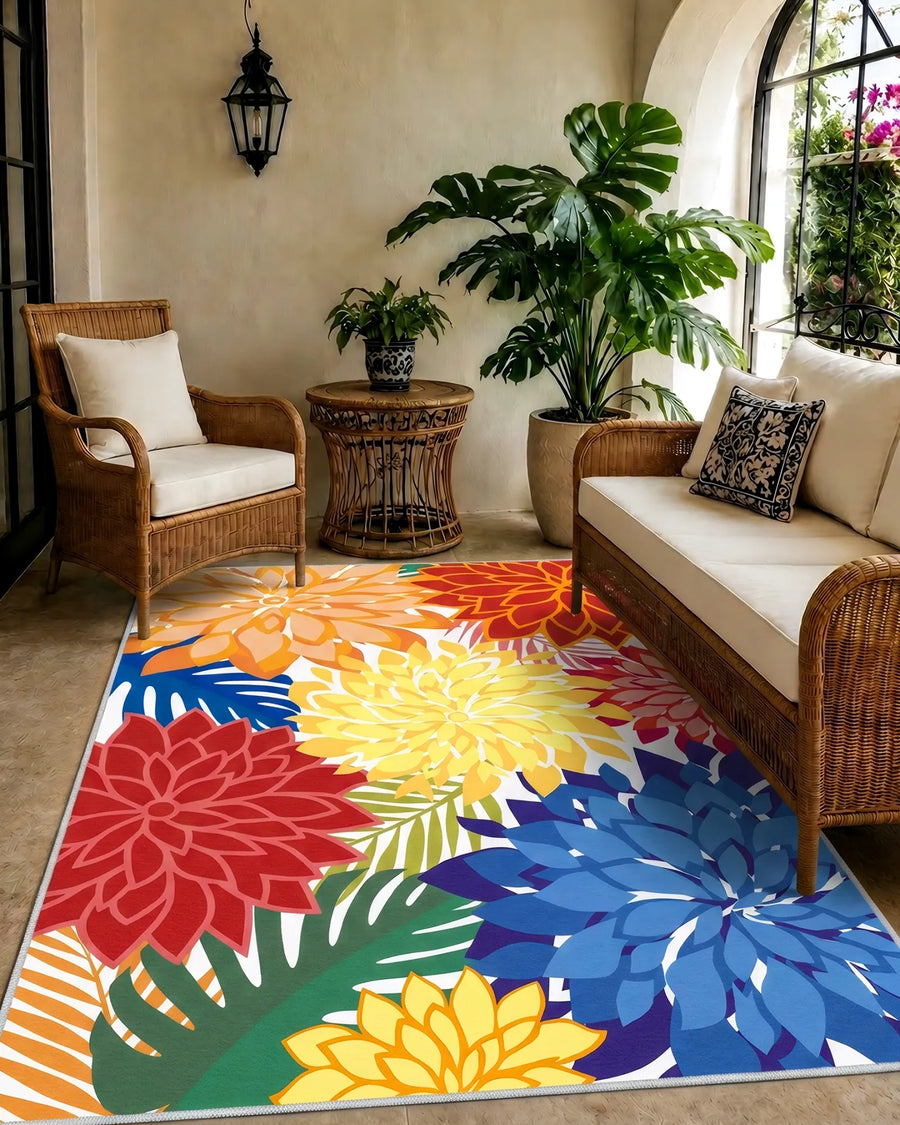 Colorful floral area rug displayed in a modern piano living room