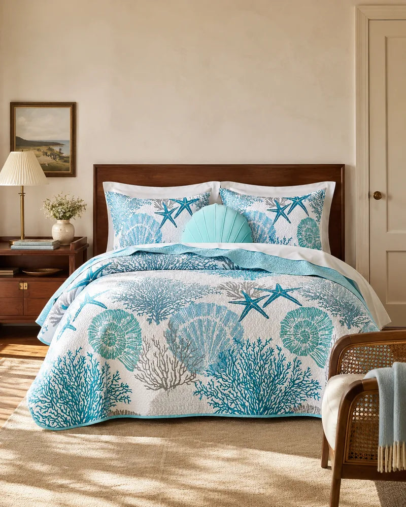 Aqua coral and starfish quilt set styled in a warm modern bedroom