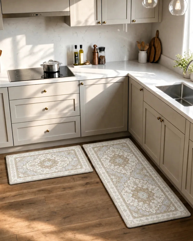 Beige vintage boho kitchen rug set of 2 in a bright farmhouse kitchen