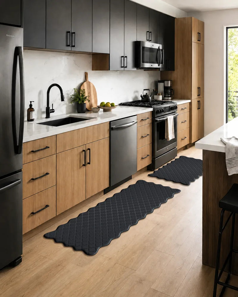 Black scalloped anti-fatigue kitchen runner in a modern kitchen