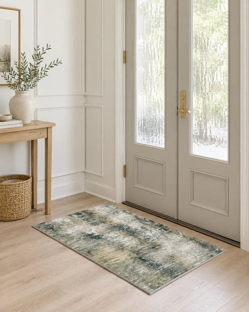 Black gray gold washable abstract entryway rug beside white double doors