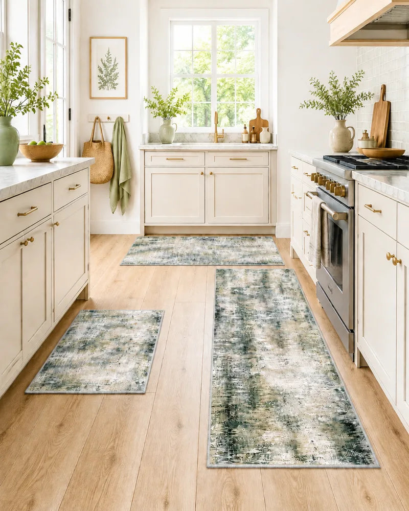 Black gray gold washable kitchen rug set in a bright galley kitchen