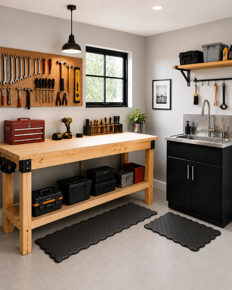Black scalloped anti-fatigue kitchen mat set in a home workshop with workbench and utility sink