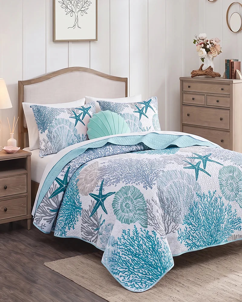 Coral starfish and seashell quilt set in a warm rustic bedroom