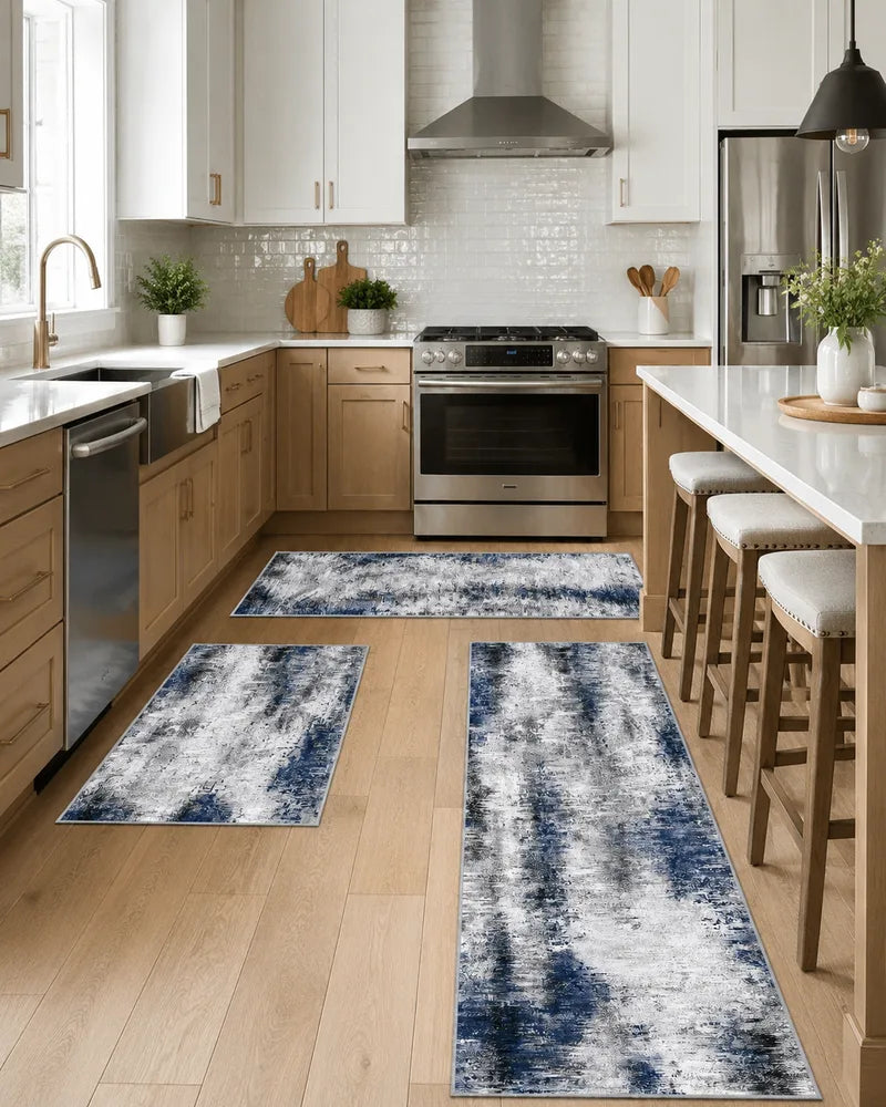 Blue gray washable kitchen rug set with runners by the sink and island