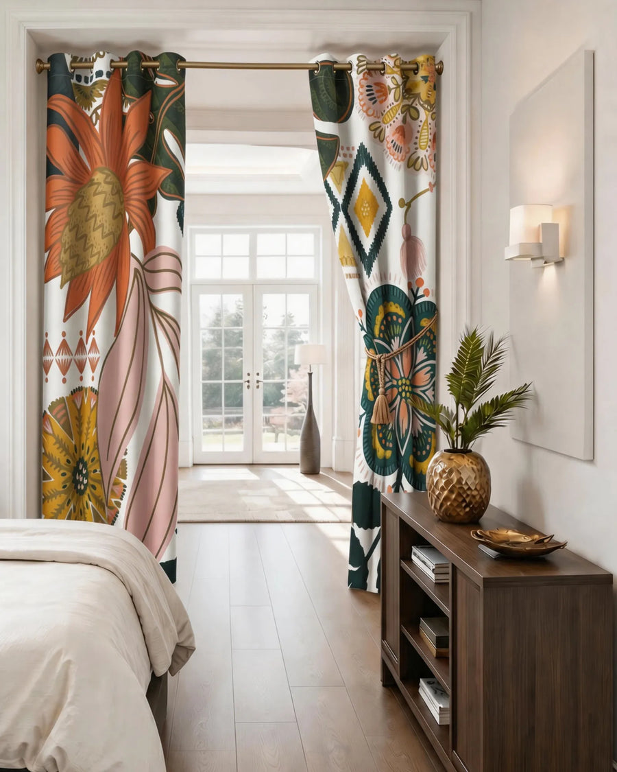 Boho floral blackout curtains with tieback styling in a calm modern bedroom