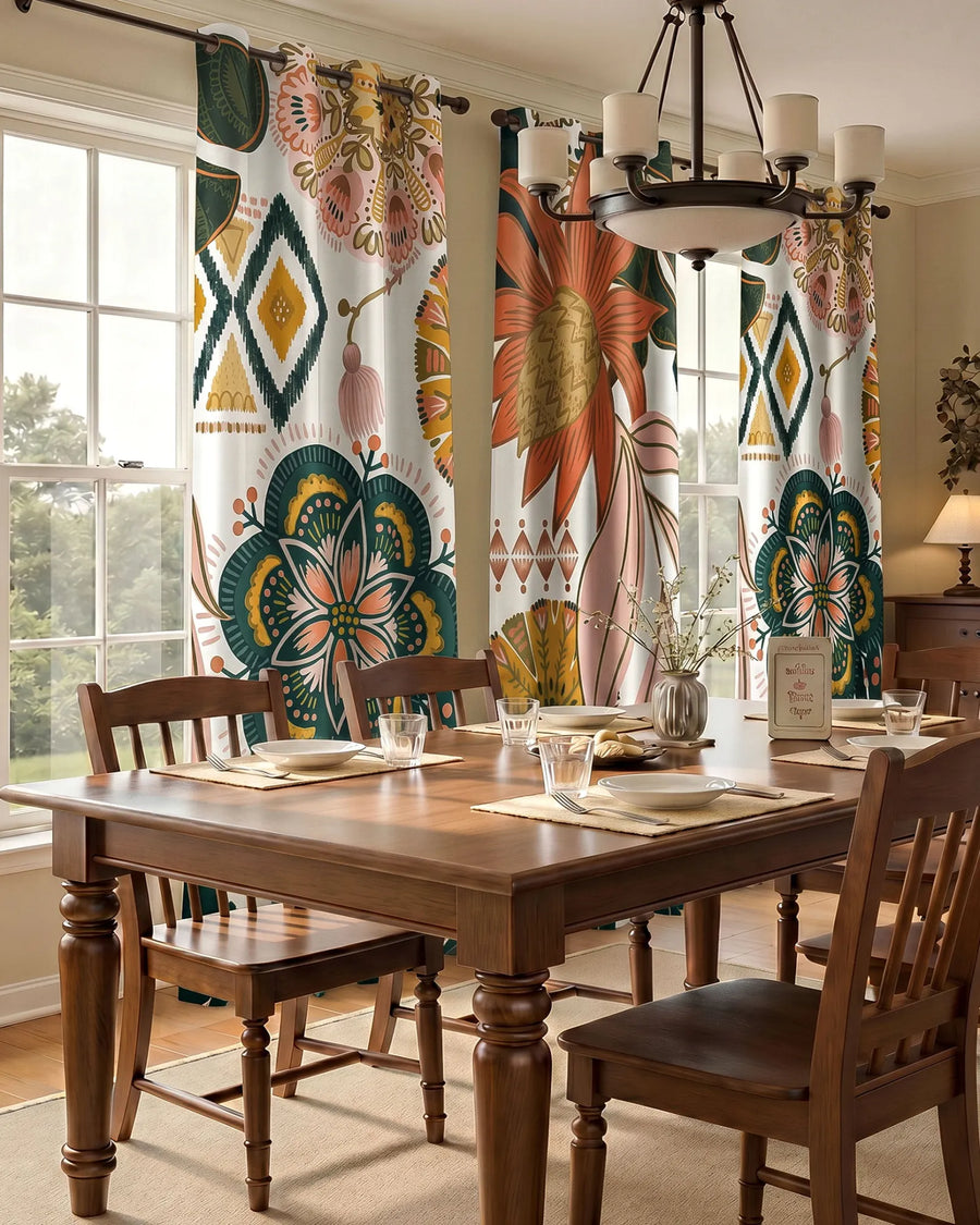 Boho floral blackout curtains adding colorful botanical style to a warm dining room