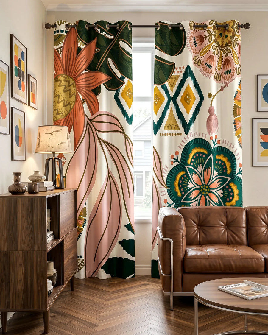 Boho floral blackout curtains framing a living room window in the Blush Pearl pattern