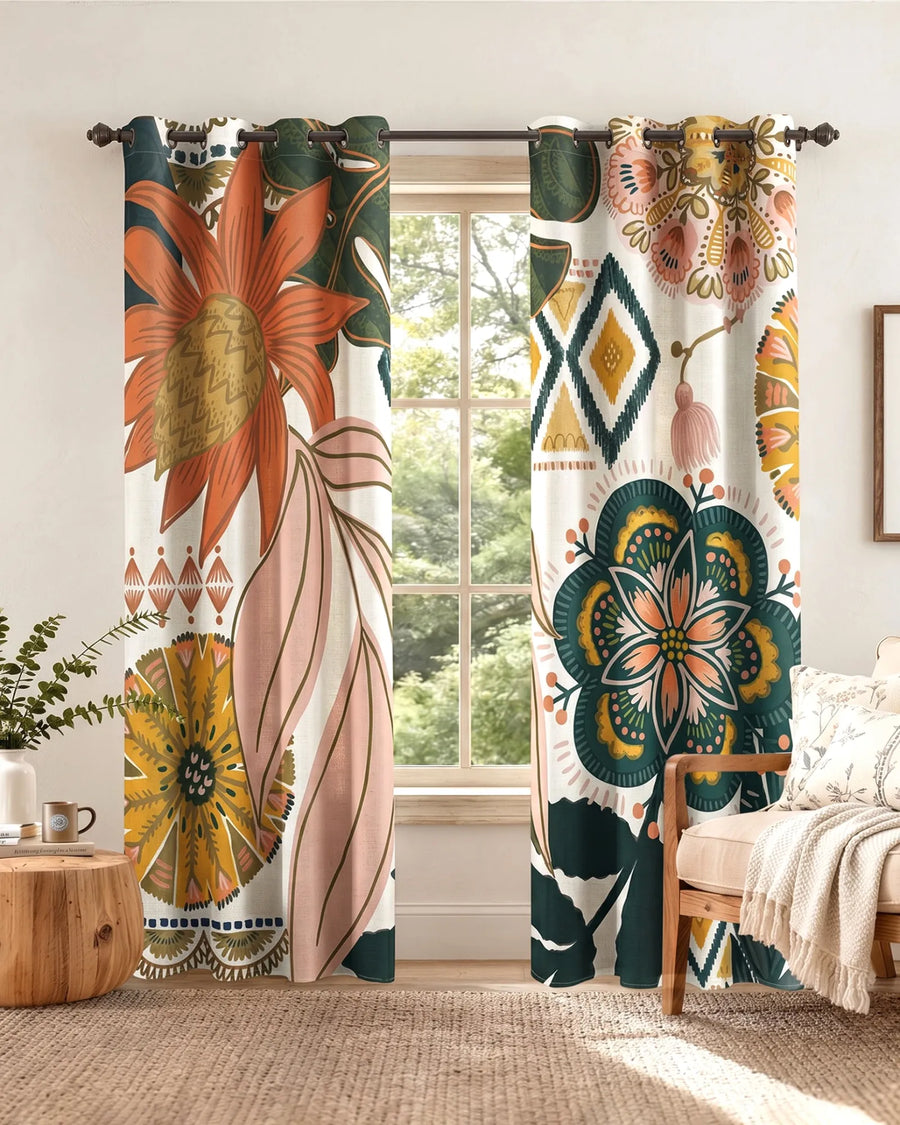 Boho floral blackout curtains with bold botanical artwork and silver grommet tops in Blush Pearl