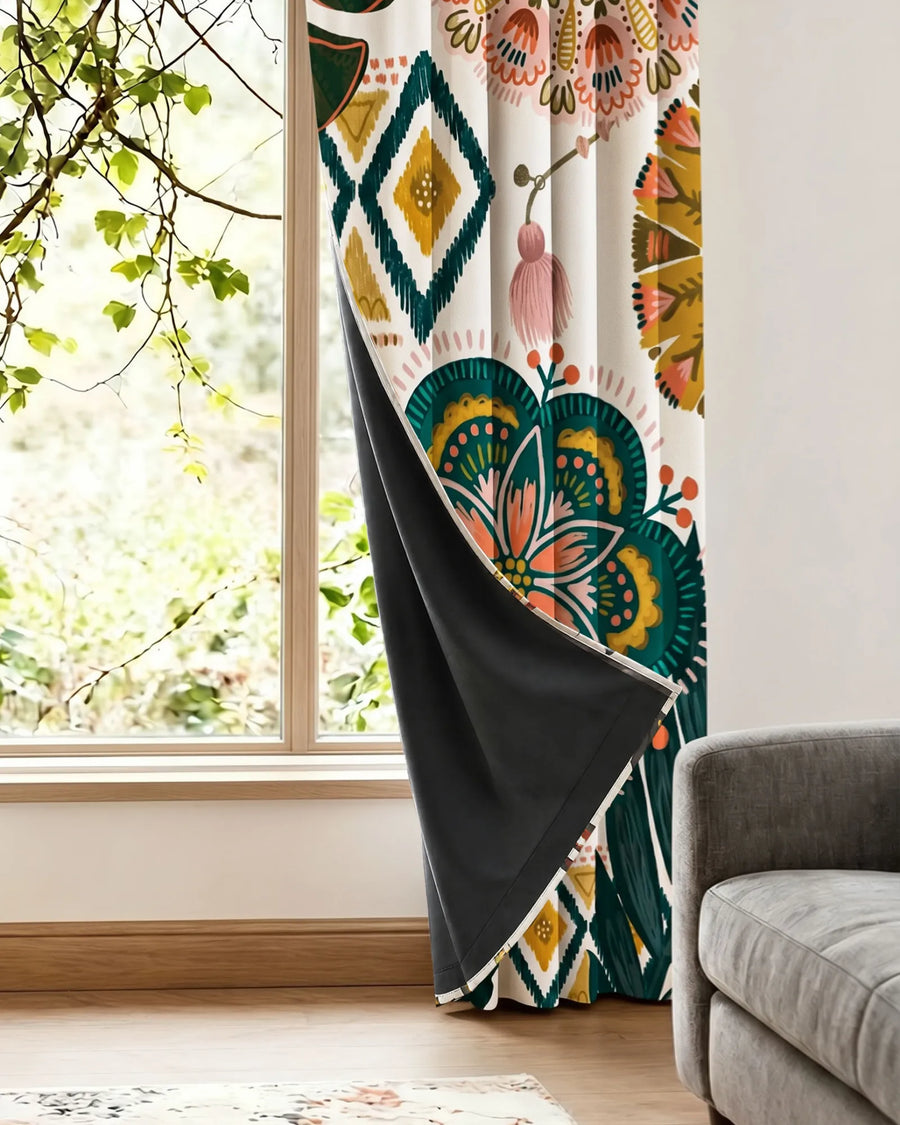 Boho floral blackout curtains showing full light-blocking backing in the Blush Pearl design