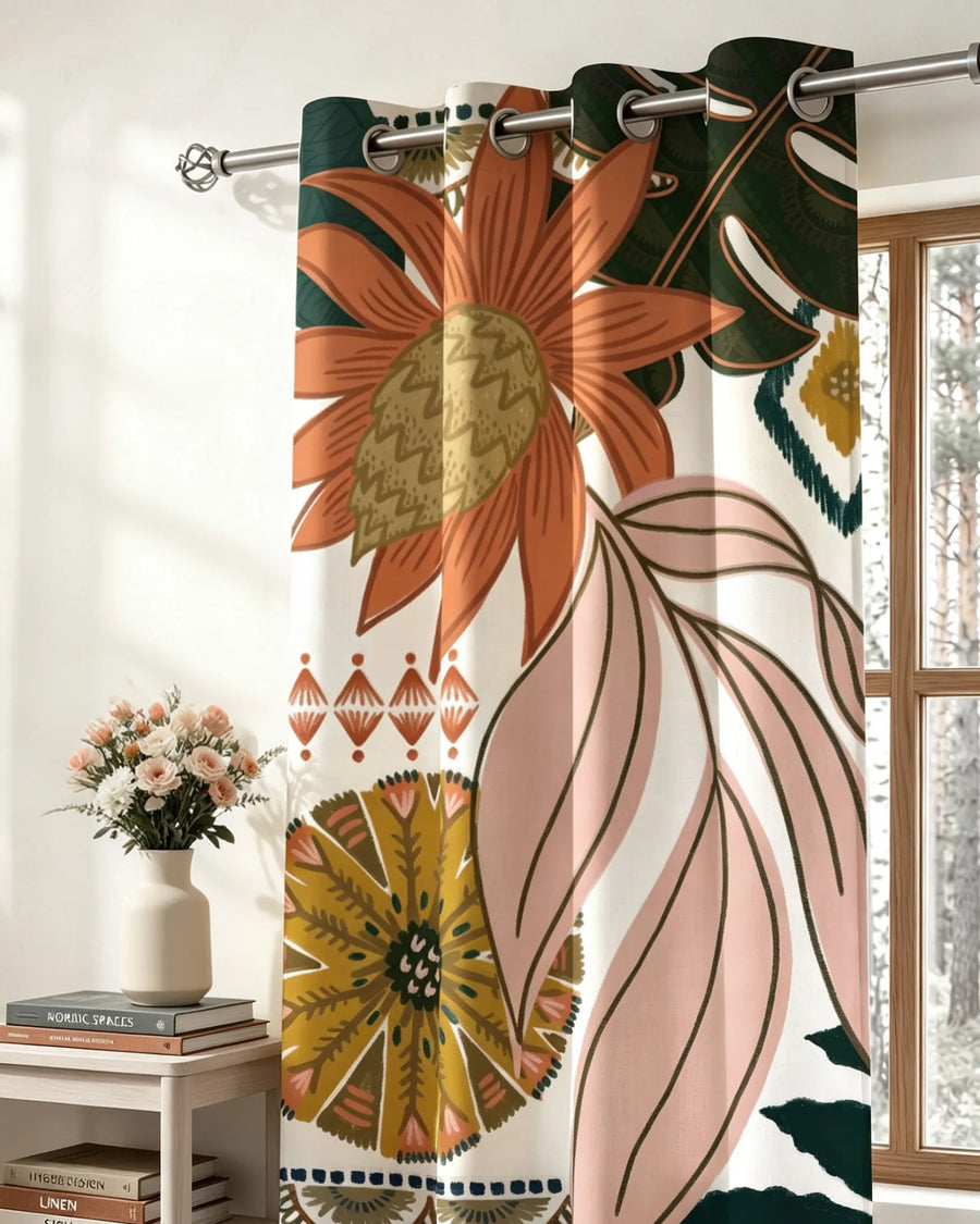 Boho floral blackout curtains with silver grommets and soft draped fabric at a bright window