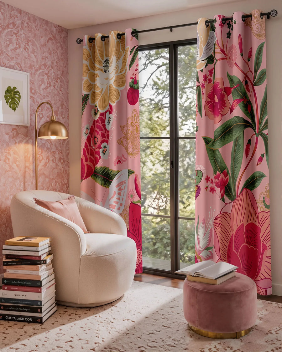 Boho floral blackout curtains in a cozy reading corner featuring the Boho Rose pattern