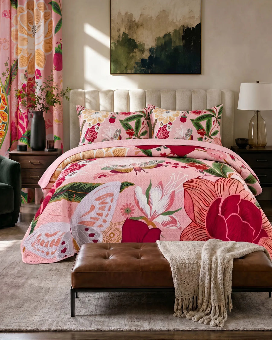 Boho floral blackout curtains paired with matching floral bedding in the Boho Rose pattern