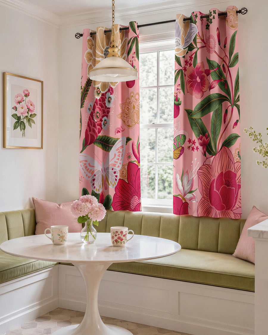 Boho floral blackout curtains in a kitchen featuring the Boho Rose pattern