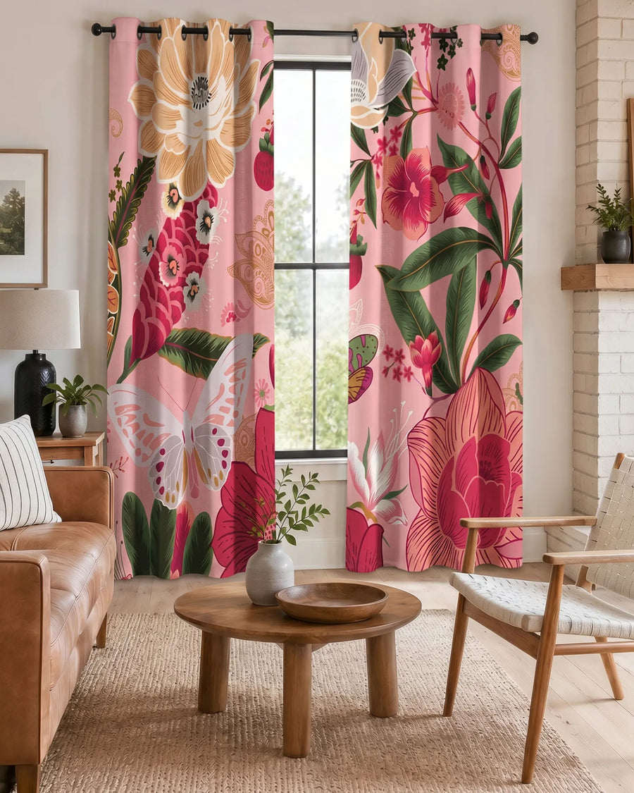 Boho floral blackout curtains in a living room featuring the Boho Rose pattern