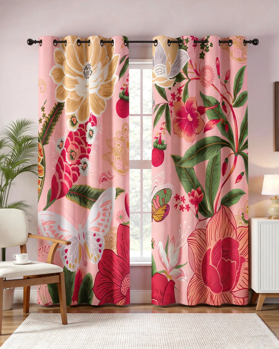 Boho Rose floral blackout curtain pair hanging at a bright living room window