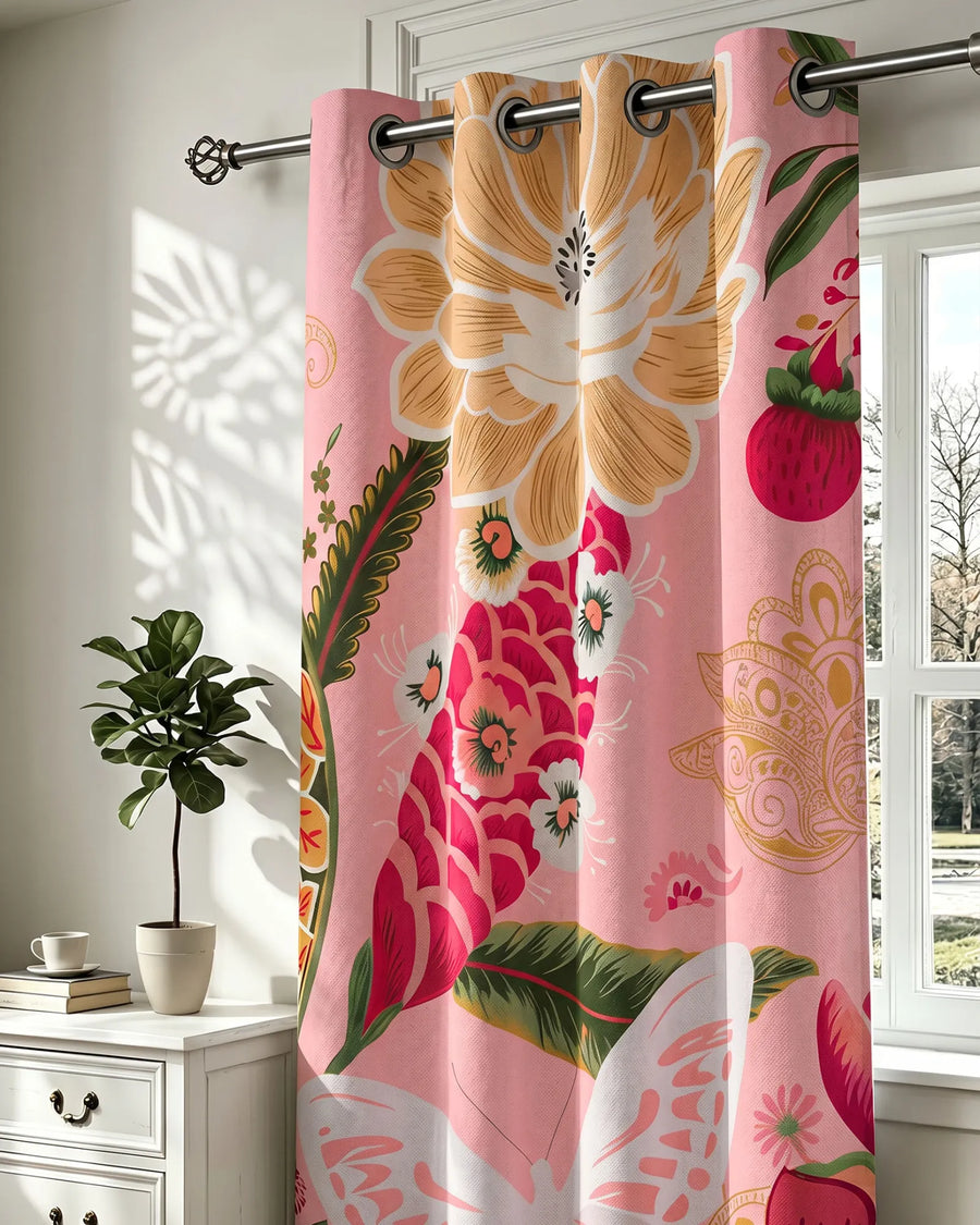 Boho floral blackout curtains hanging by a window featuring the Boho Rose pattern