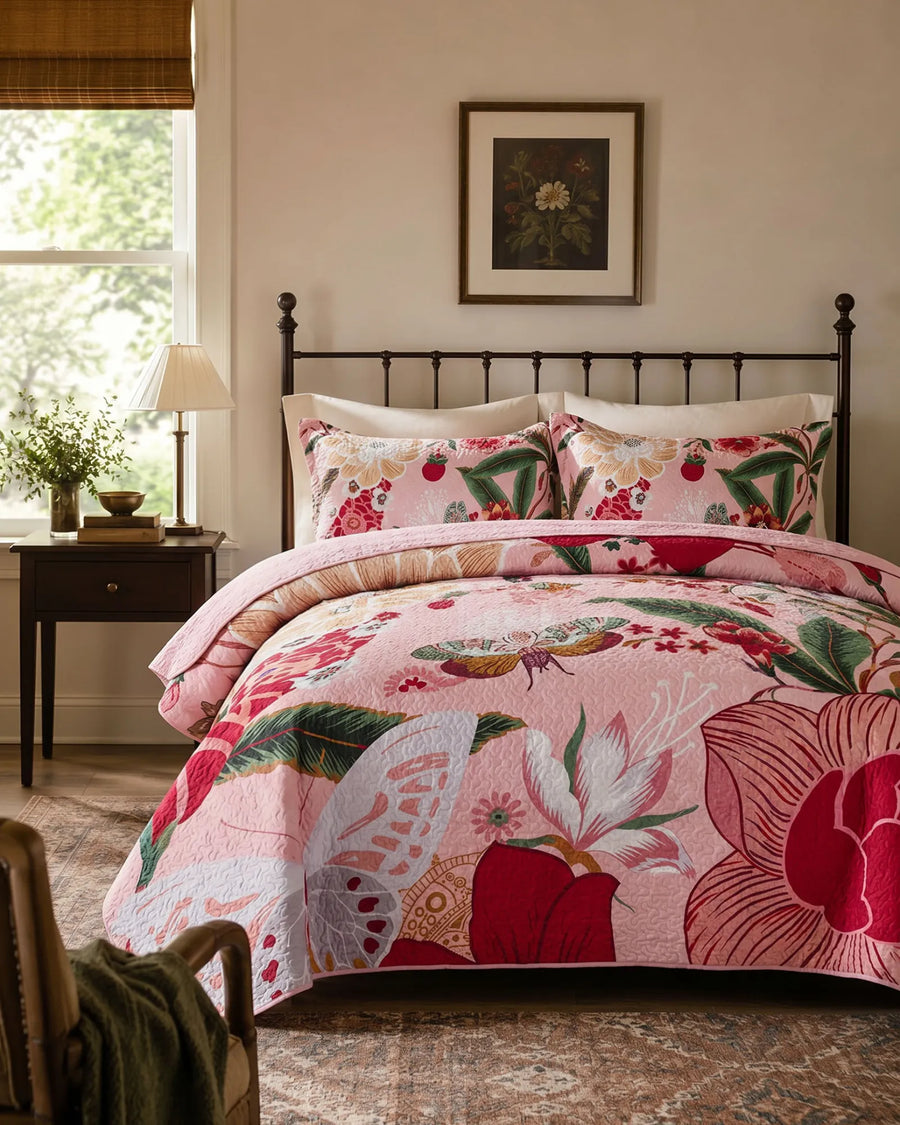 Pink Floral Quilt Set for Bedroom Botanical Bedding Decor