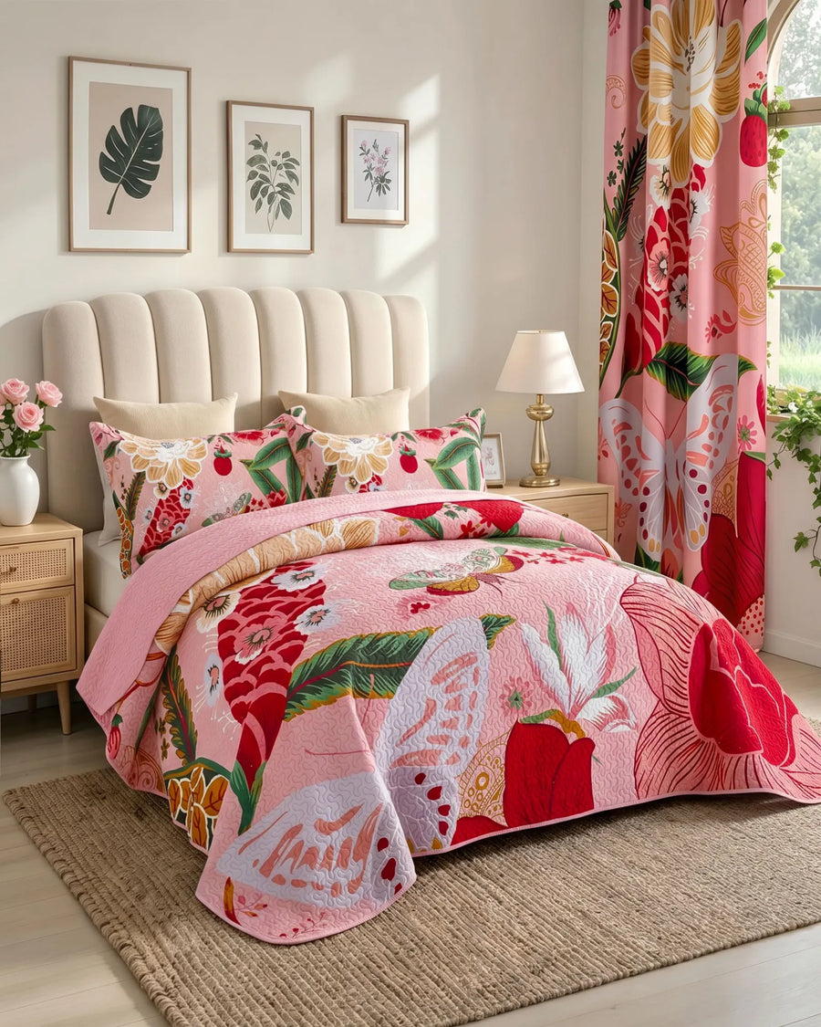 Botanical Quilt Bedding Set with Matching Pillow Shams with Matching Curtains
