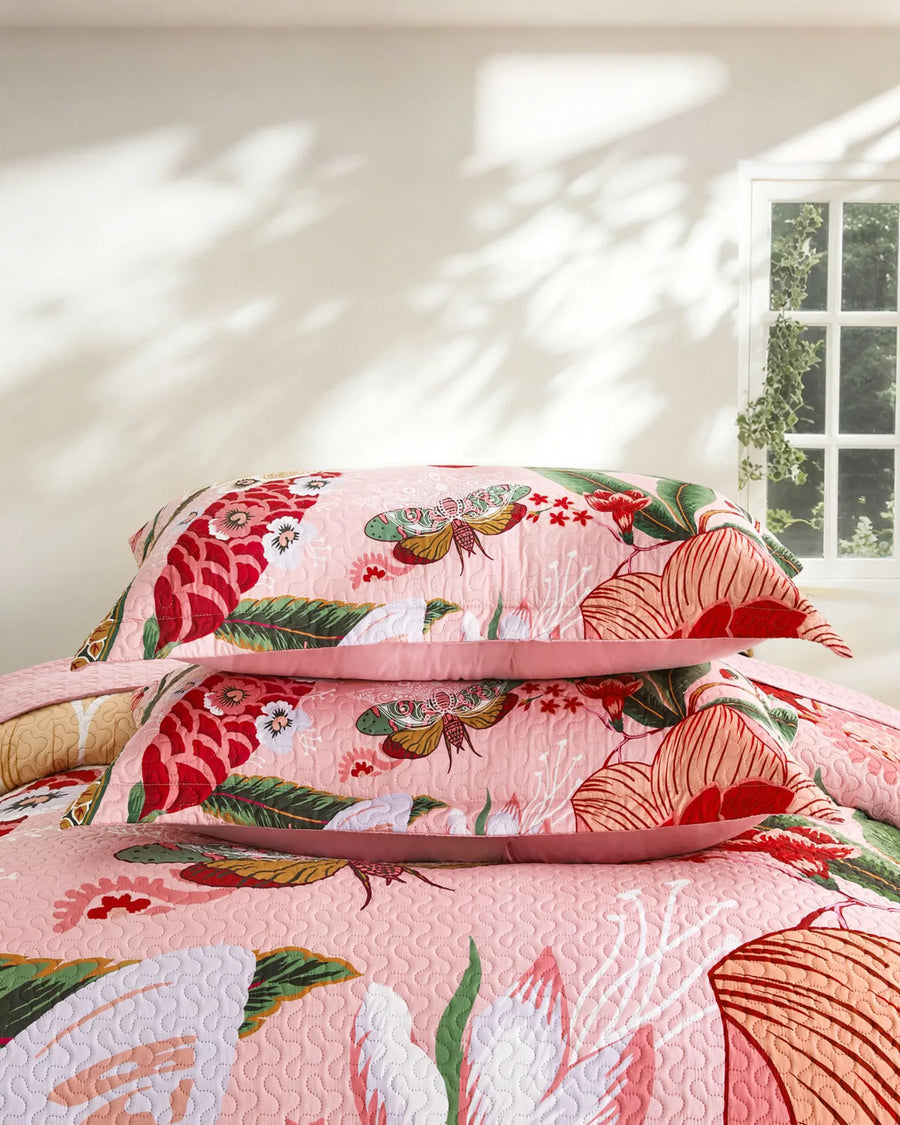 Pink Floral Pillow Shams Matching Botanical Quilt Set