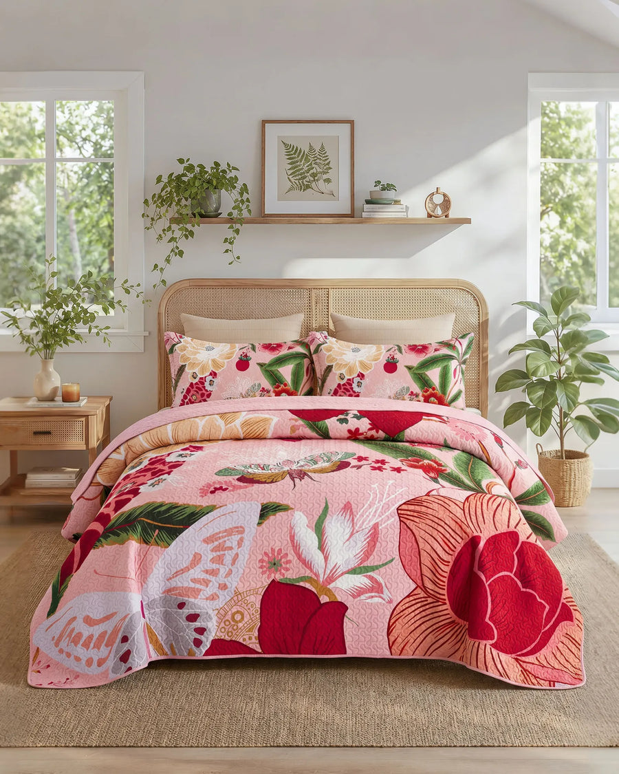 Pink Floral Quilt Set Botanical Bedding Set with Pillow Shams