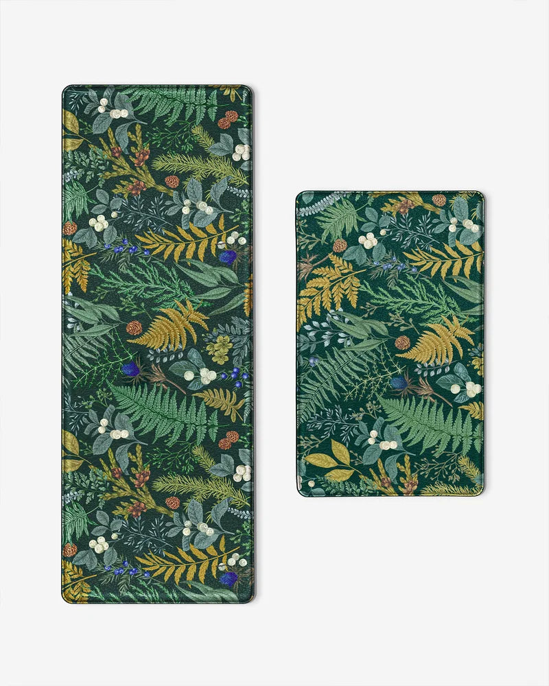 Forest Green botanical anti-fatigue kitchen mat set with matching runner and sink mat