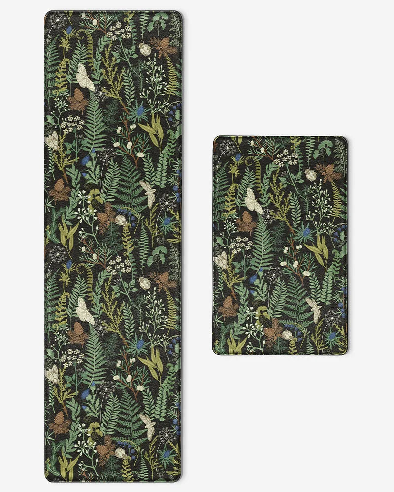 Ink Moss Green botanical anti-fatigue kitchen mat set with 28-inch mat and 59-inch runner