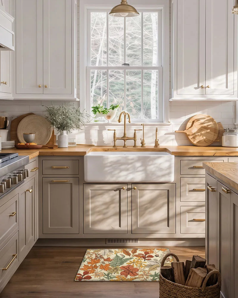 Maple Orange botanical anti-fatigue mat in front of a farmhouse kitchen sink