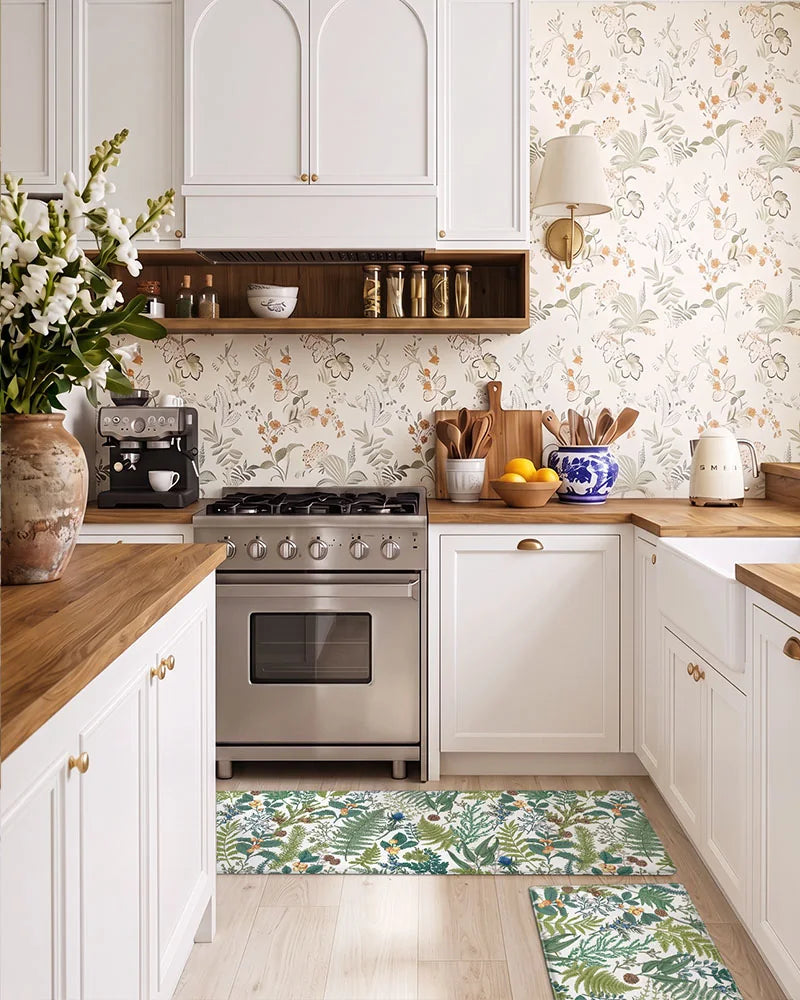 Creamy White botanical anti-fatigue mat at a cottage kitchen sink