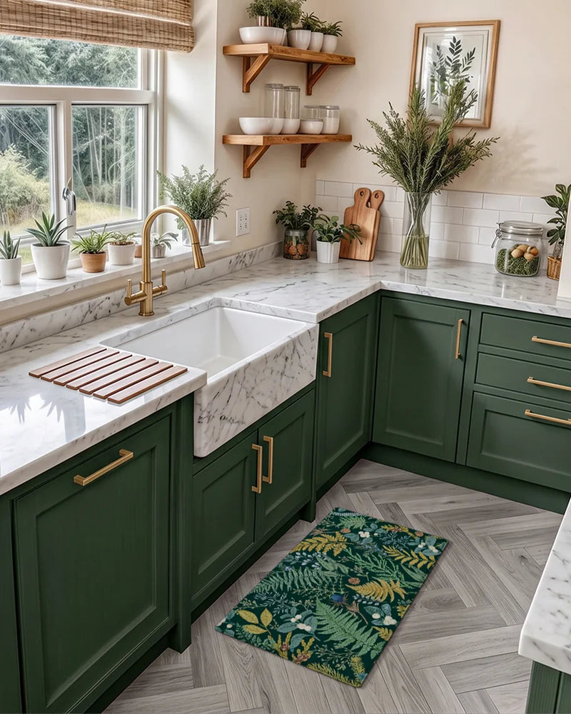Forest Green botanical kitchen mat in front of a farmhouse sink