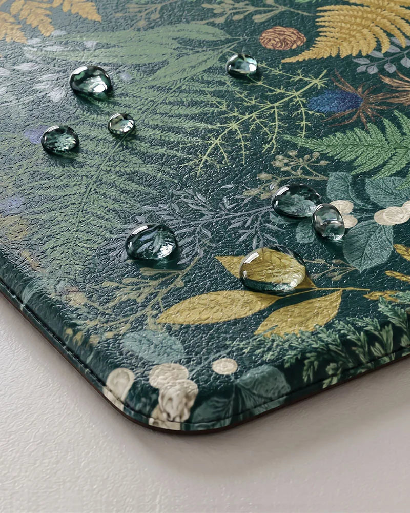 Forest Green botanical kitchen mat close-up with water-resistant cushioned surface