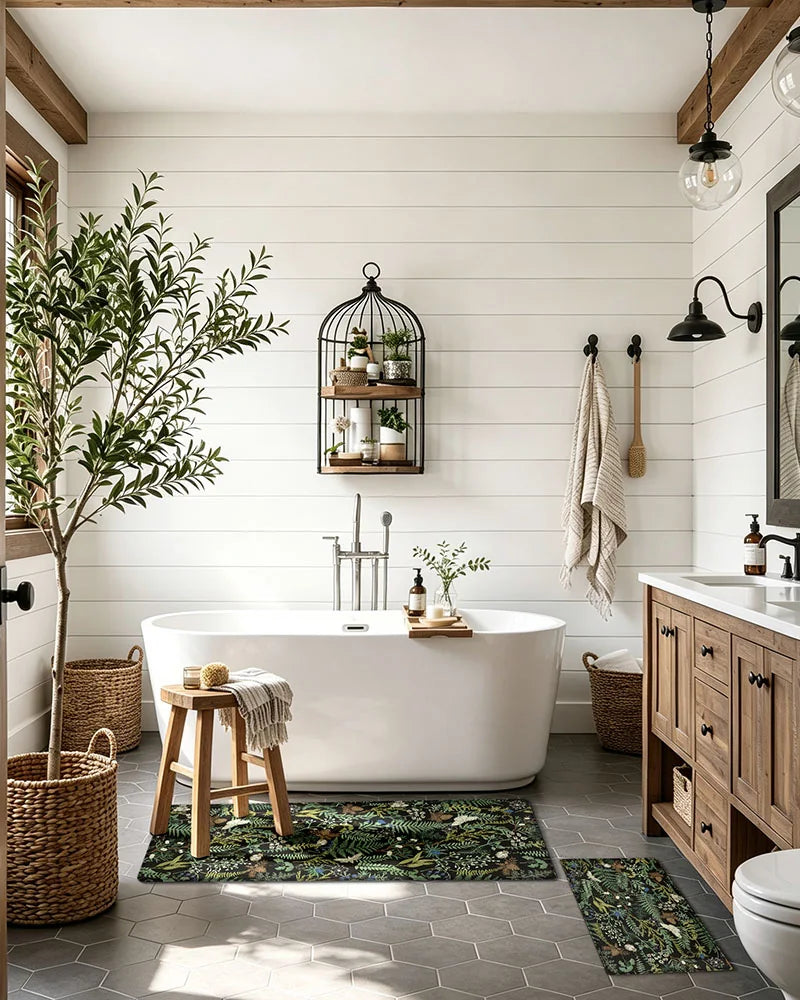 Ink Moss Green botanical cushioned mat set styled in a rustic bathroom