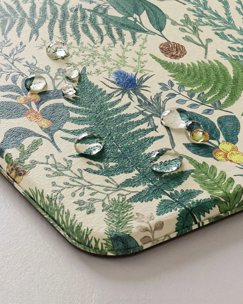 Vintage Beige botanical kitchen mat close-up with water-resistant cushioned surface