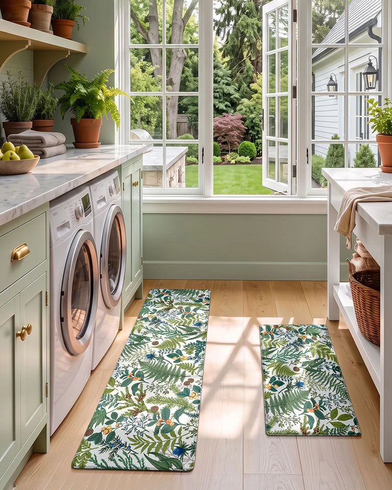 Creamy White botanical anti-fatigue mats styled in a bright laundry room