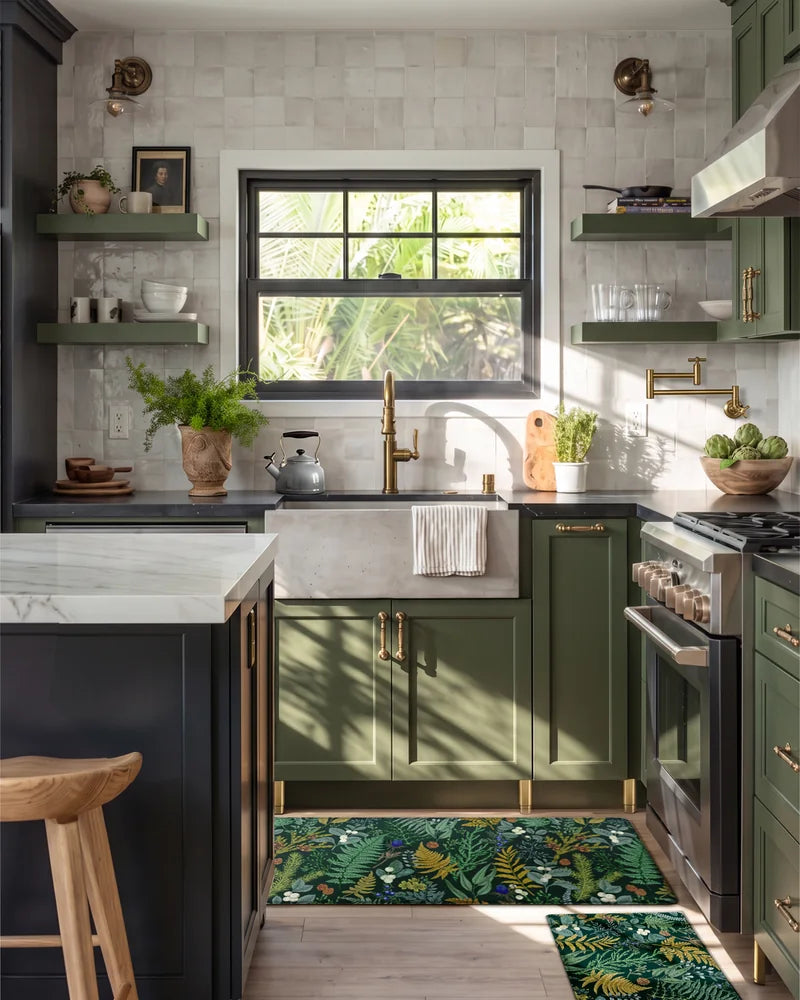 Forest Green botanical kitchen mats styled with dark green cabinets