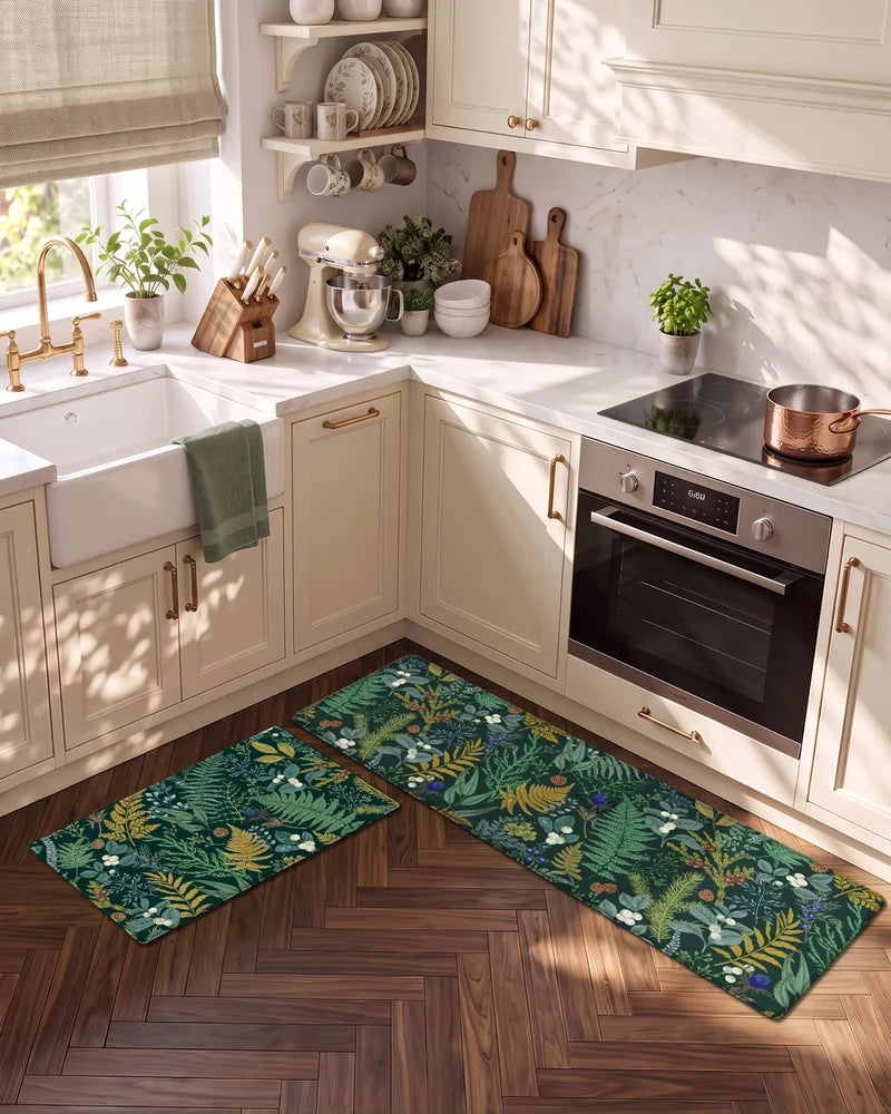 Forest Green botanical anti-fatigue mats in a bright corner kitchen