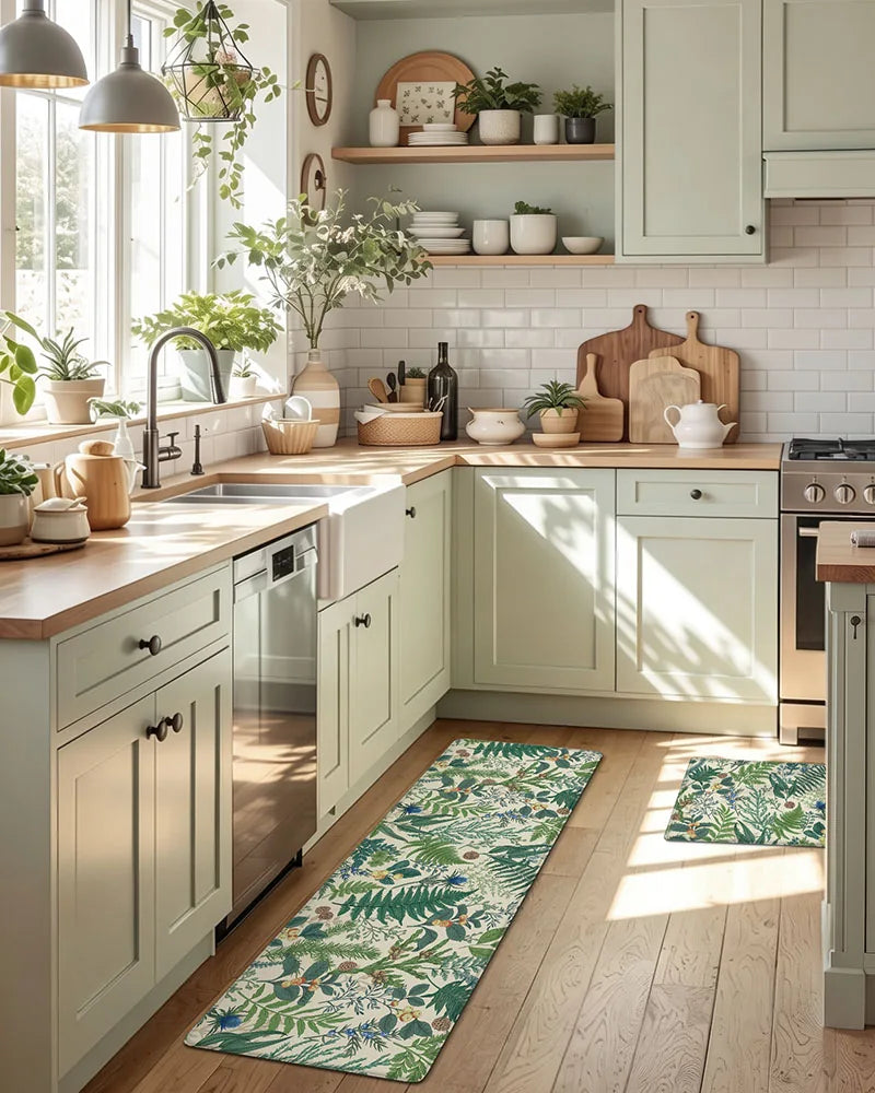 Vintage Beige botanical kitchen mat set beside the sink and cooking area