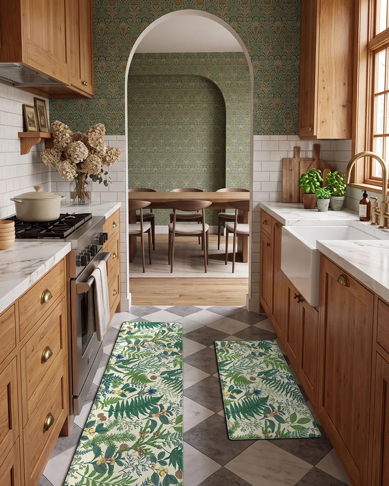 Vintage Beige botanical kitchen mats styled in a warm rustic kitchen