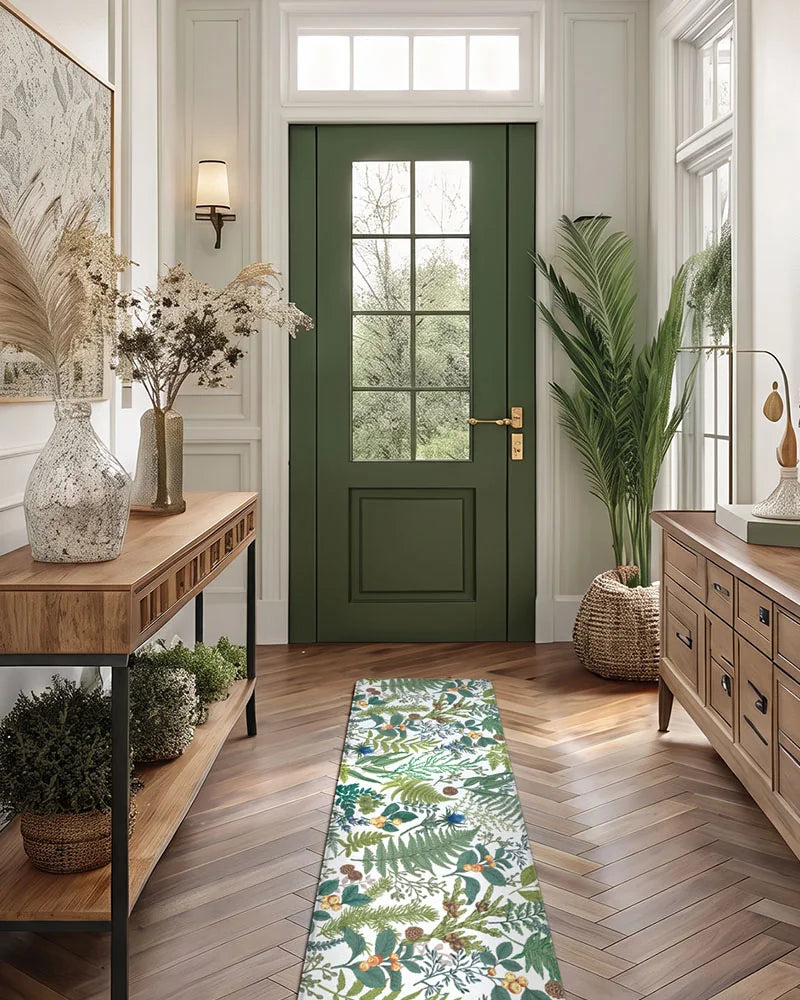 Creamy White botanical runner mat adding fresh greenery to an entryway