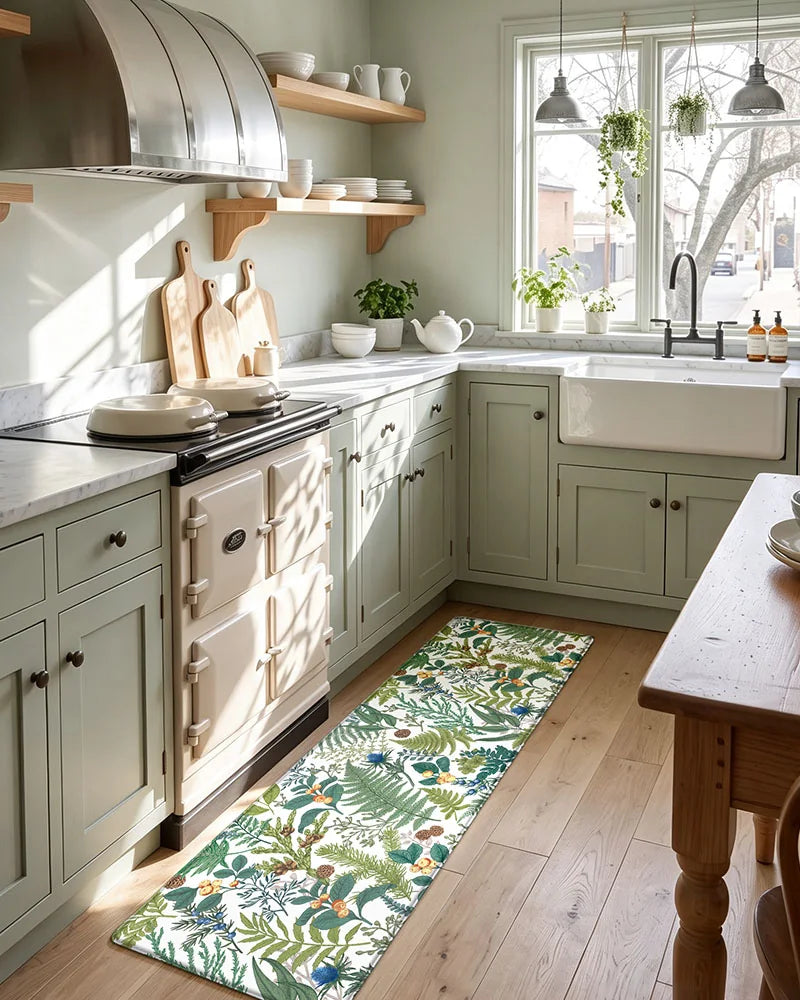 Creamy White botanical kitchen runner placed along a bright kitchen aisle