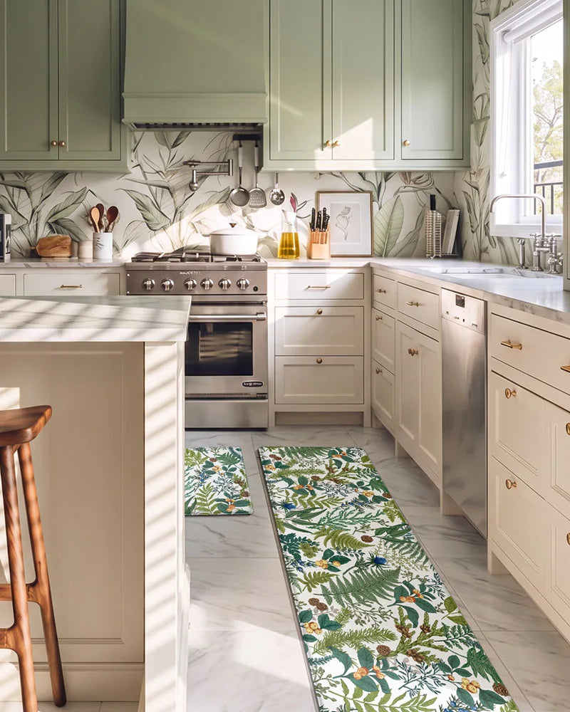Creamy White botanical kitchen runner in a sage green kitchen