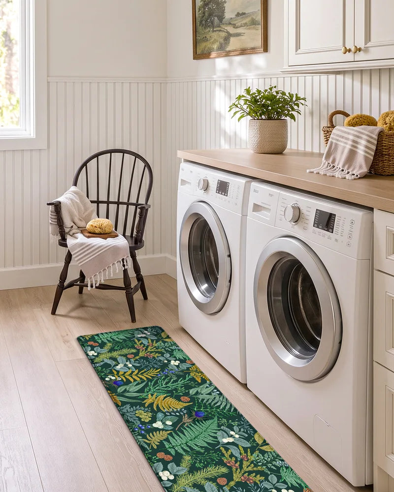Forest Green botanical anti-fatigue runner in a bright laundry room