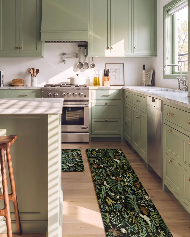 Ink Moss Green anti-fatigue kitchen runner in a sage green kitchen