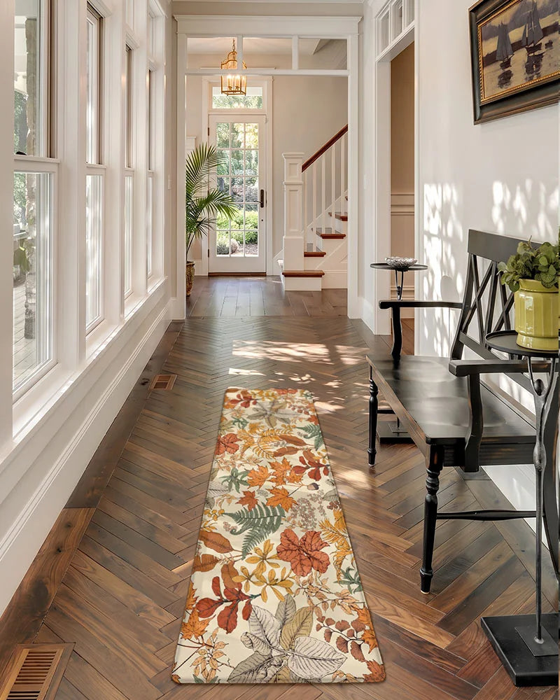Maple Orange botanical runner mat adding fall color to a bright hallway