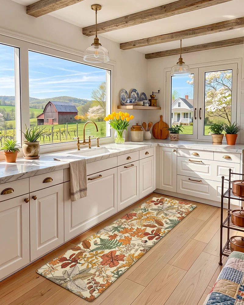 Maple Orange botanical anti-fatigue runner in a bright white kitchen