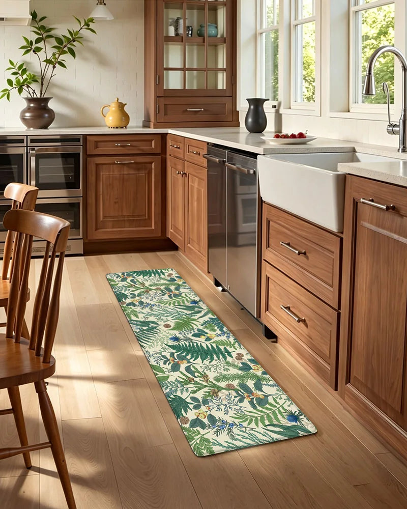 Vintage Beige botanical anti-fatigue runner beside wood kitchen cabinets