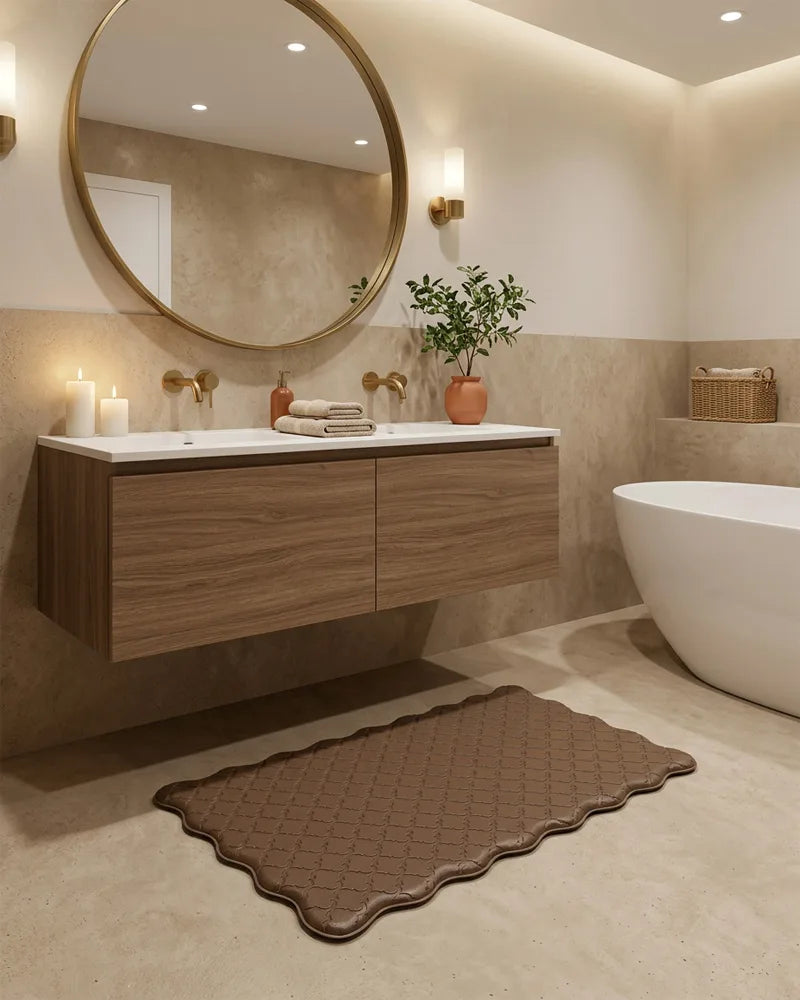 Brown scalloped anti-fatigue floor mat beside a bathroom vanity