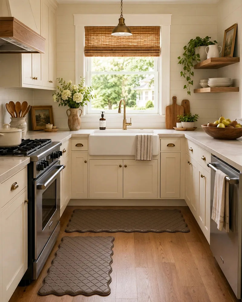 Brown scalloped anti-fatigue kitchen runner in a farmhouse kitchen