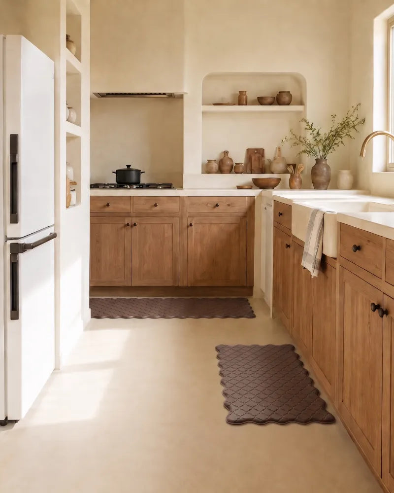 Brown scalloped anti-fatigue kitchen mat set in a warm modern kitchen with wooden cabinets
