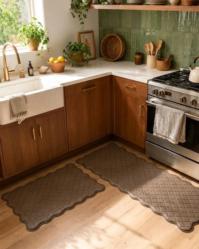 Brown scalloped anti-fatigue kitchen mat set with wood cabinets
